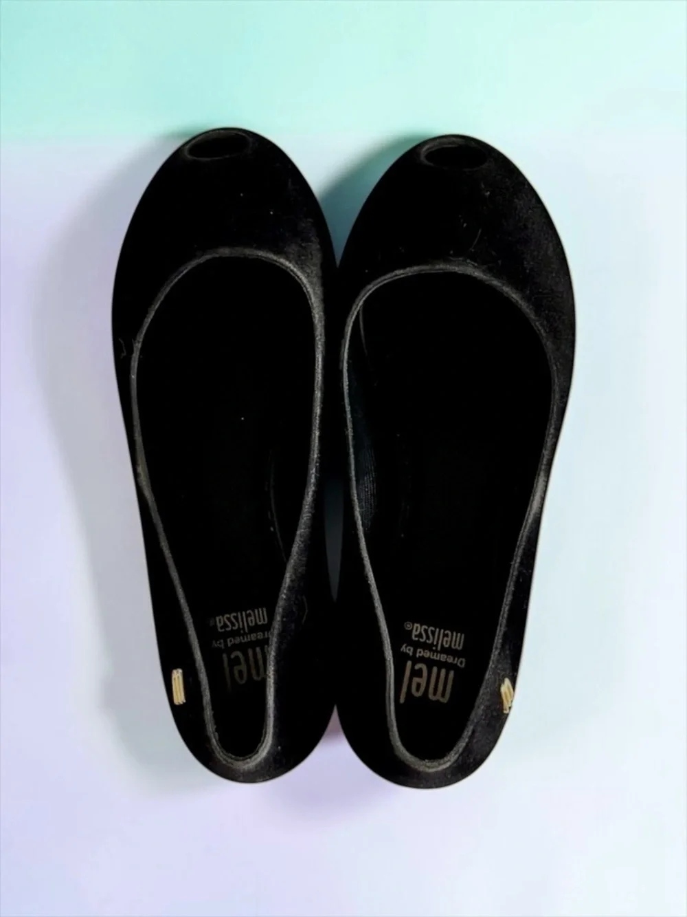 Mini Melissa Peep‑Toe Flats Black Velvet Matte Girls Size 13 Like New